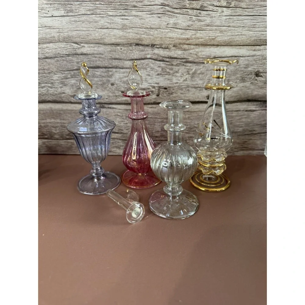 Vintage Egyptian Hand Blown Glass Perfume Bottle Set Etched SEE PICS